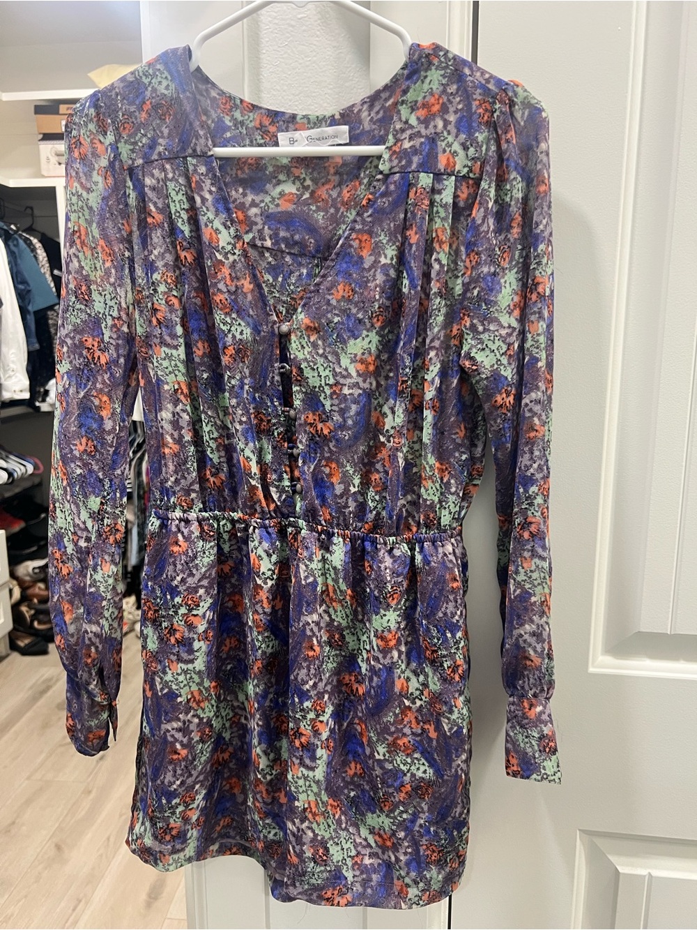 BCBGeneration Purple Floral Long-Sleeve Mini Dress/romper
